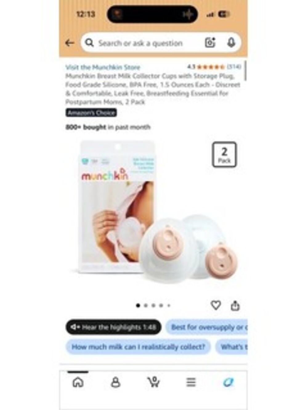 Munchkin Breast Milk Collector Cups with Storage Plug, Food Grade Silicone,